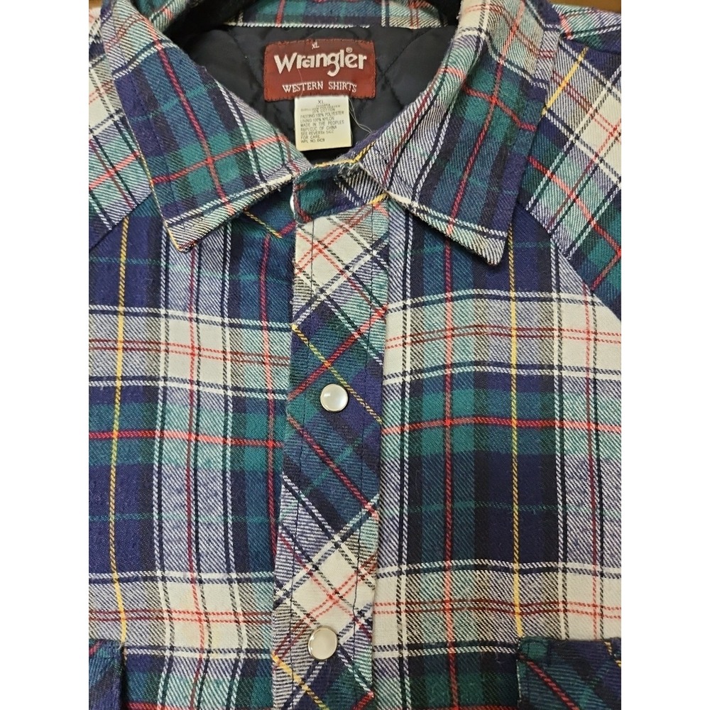 Wrangler Mens XL Quilted Plaid Flannel Shirt Mens Pearl Snaps Warm Outdoors